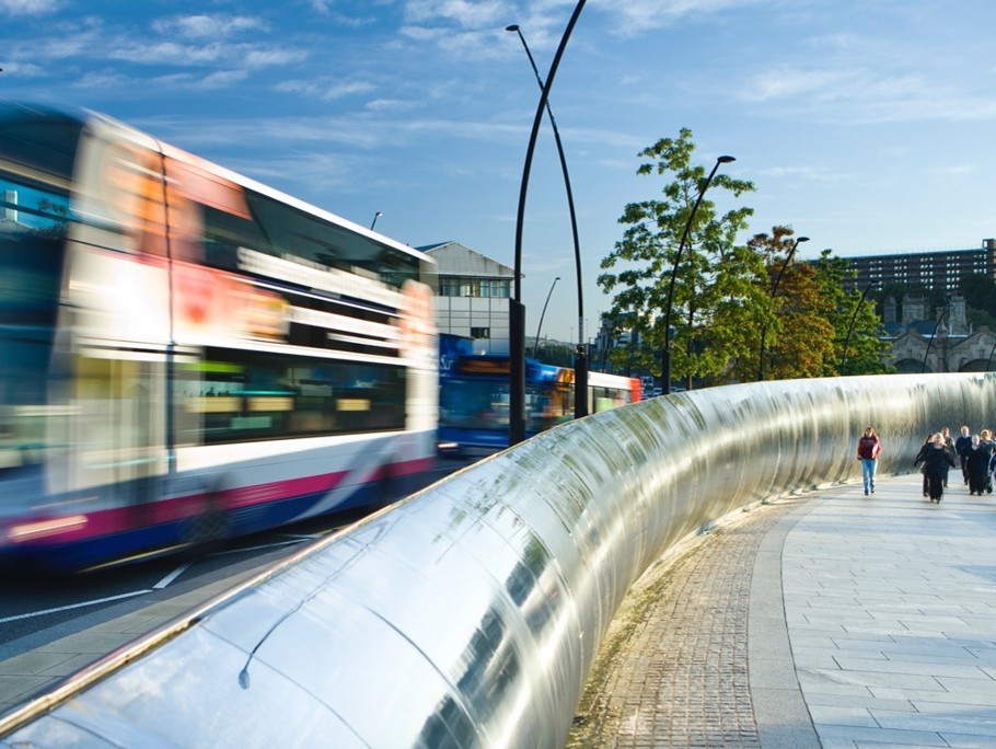 Blurred images of buses in the city